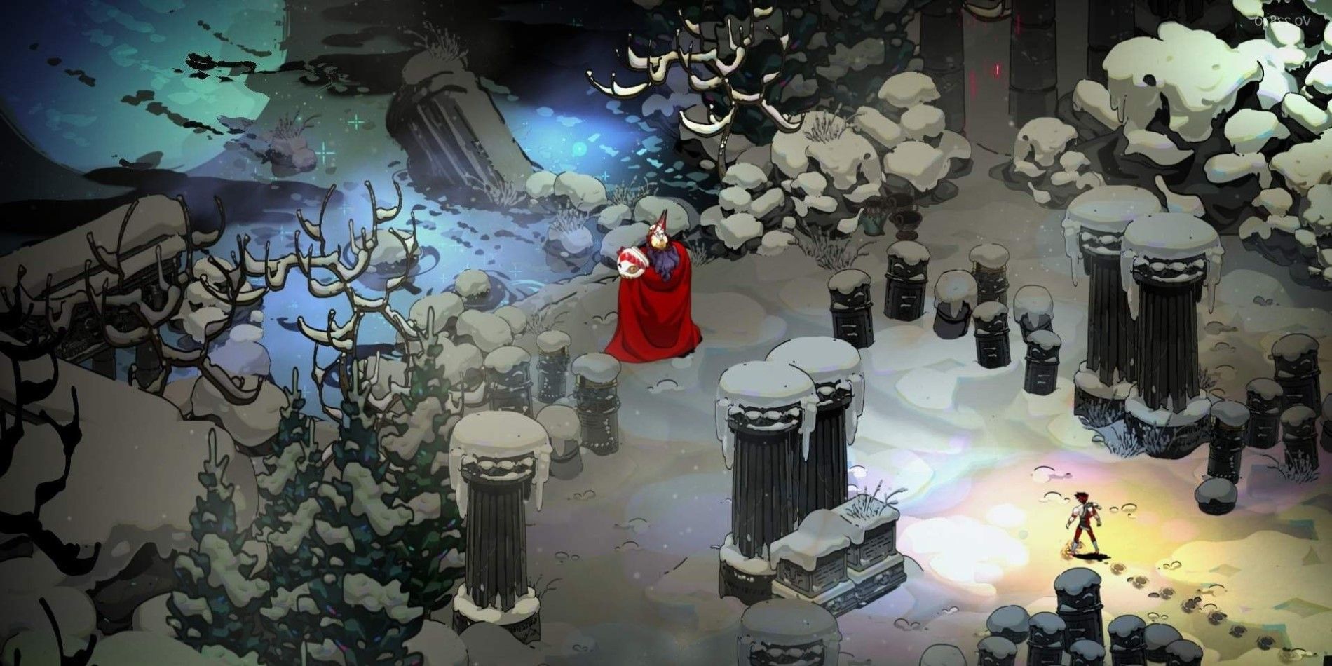 The beginning of the final battle of Hades against Hades himself, with Zagreus and Hades standing in a field in the snow