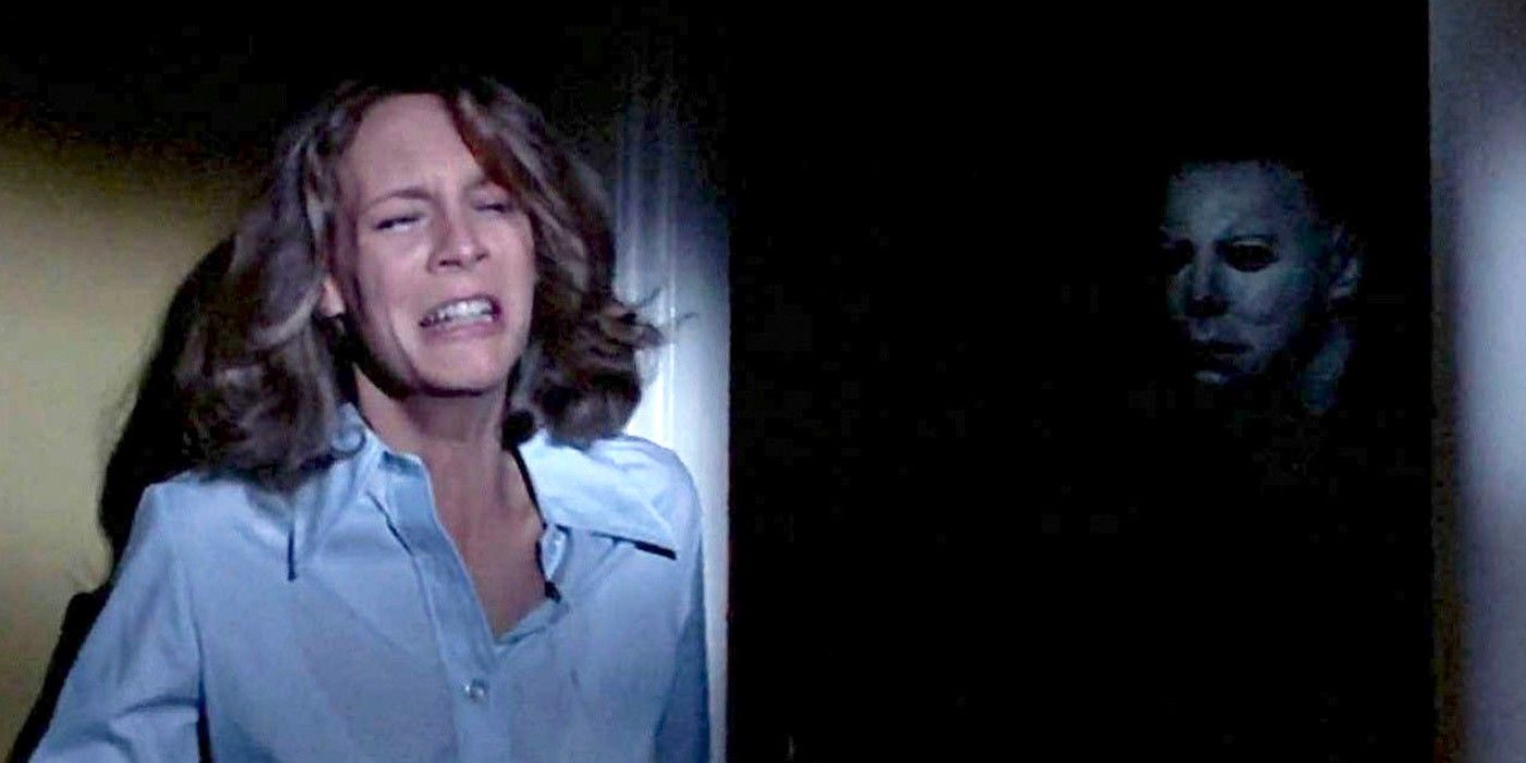 Jamie Lee Curtis as Laurie Strode being terrorized by Michael Myers in Halloween 1978
