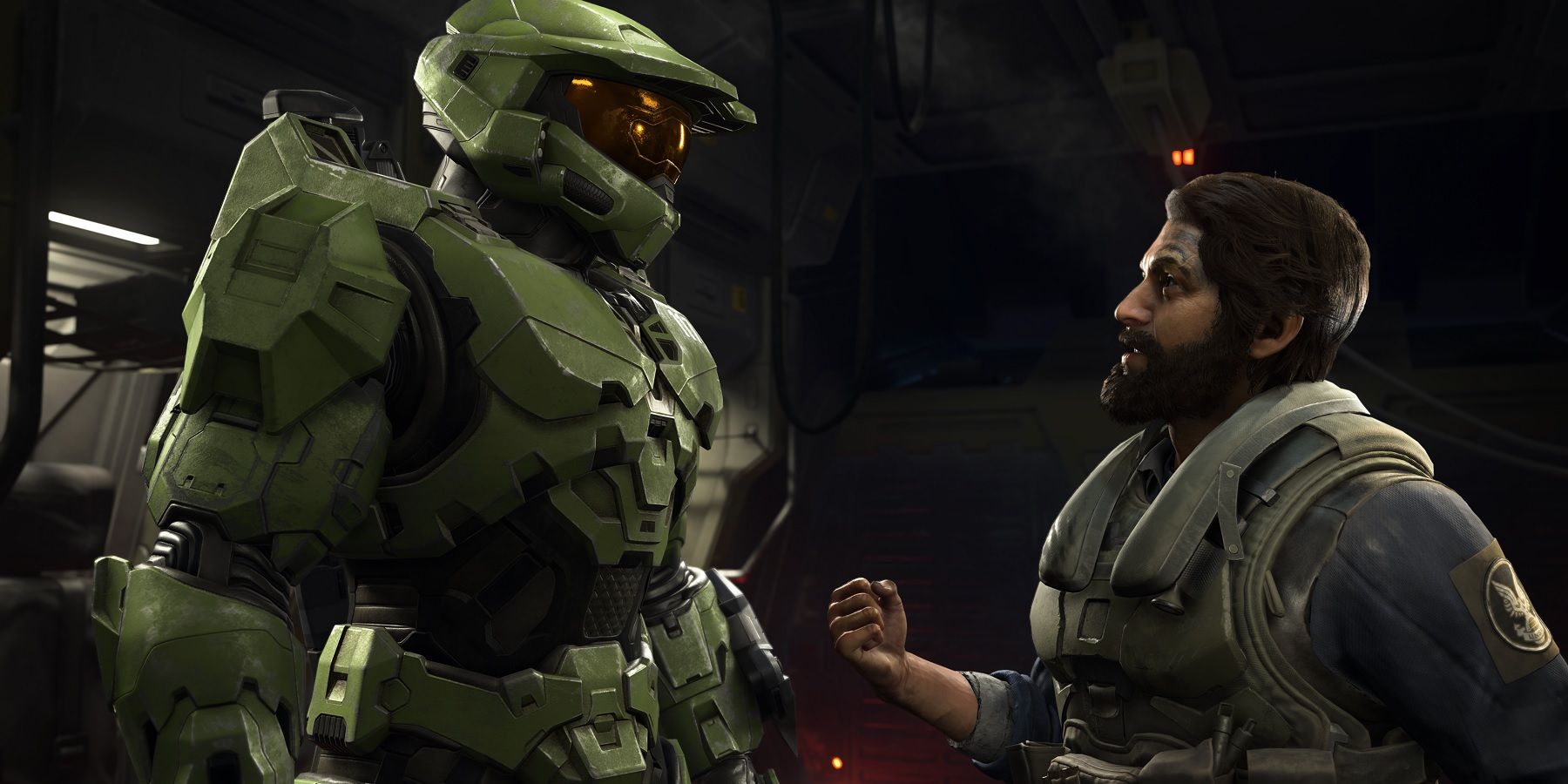 Halo Infinite screenshot showing Master Chief talking to a UNSC marine.