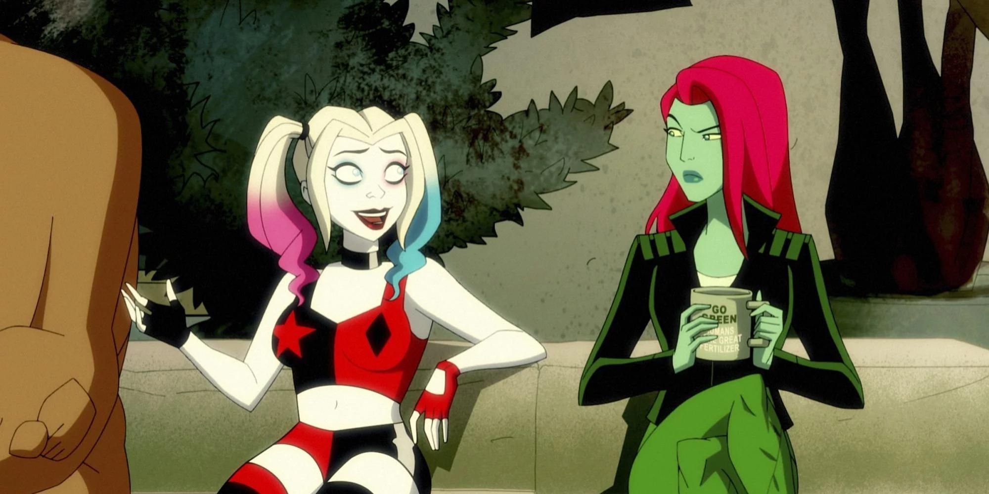 Harley Quinn and Poison Ivy sitting on a bench