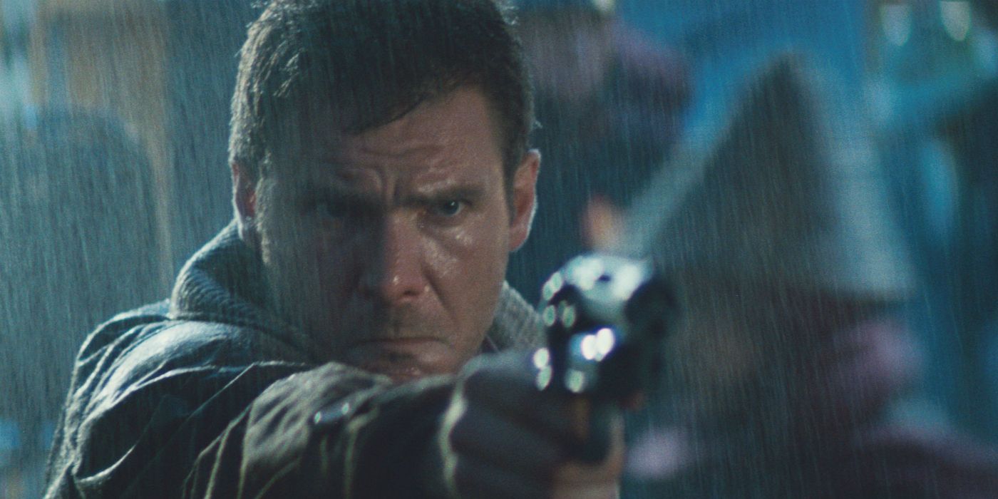 Harrison Ford as Deckard holds a gun in Blade Runner
