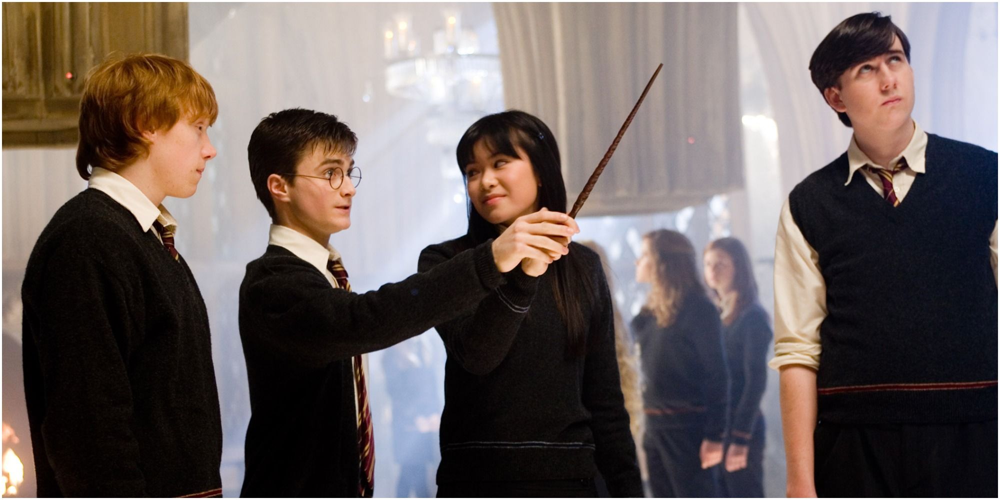 A screenshot of Harry teaching Ron, Cho and Neville in Harry Potter and the Order of the Phoenix