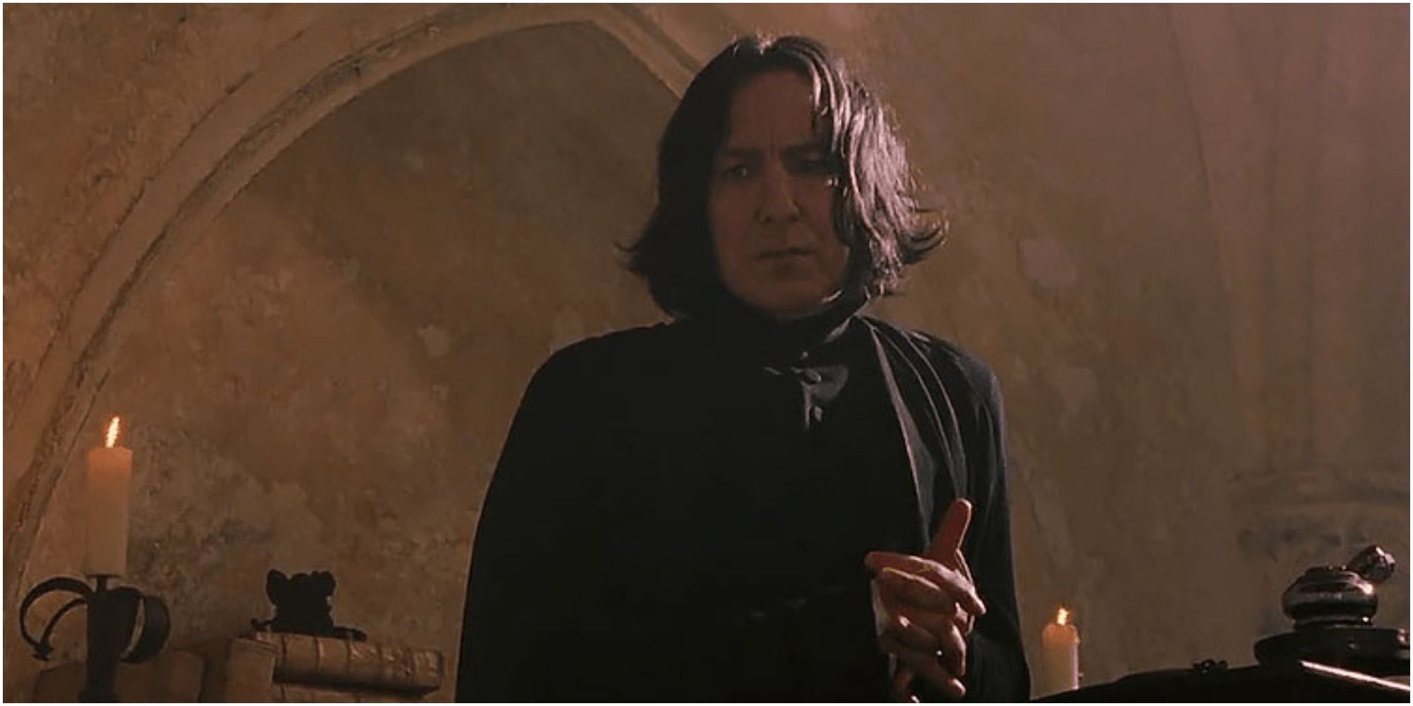 A screenshot of Professor Severus Snape introducing himself to Potions Class from Harry Potter and the Philosopher's Stone
