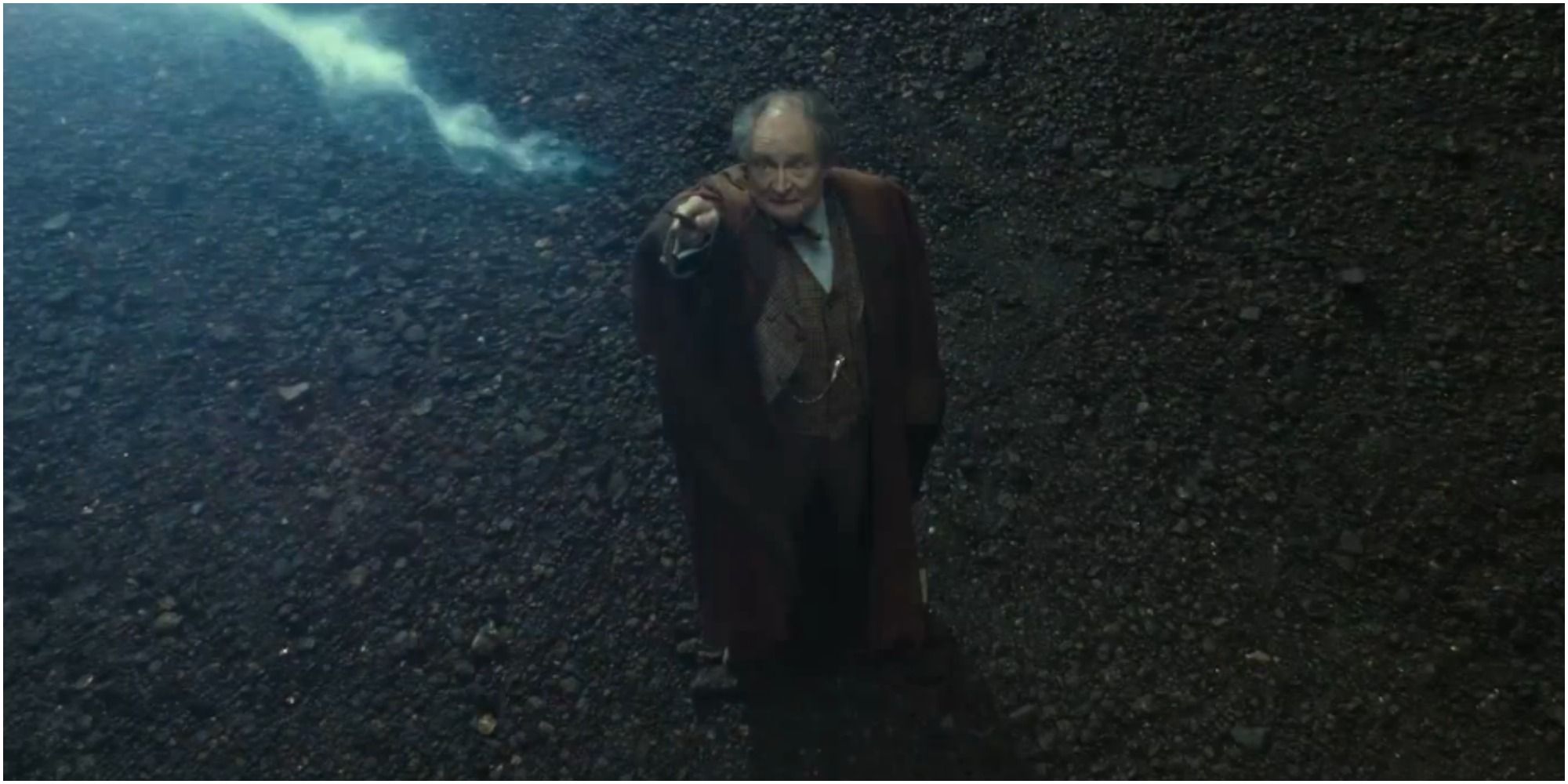 A screenshot of Professor Horace Slughorn casting a spell in Harry Potter and the Deathly Hallows - Part 2