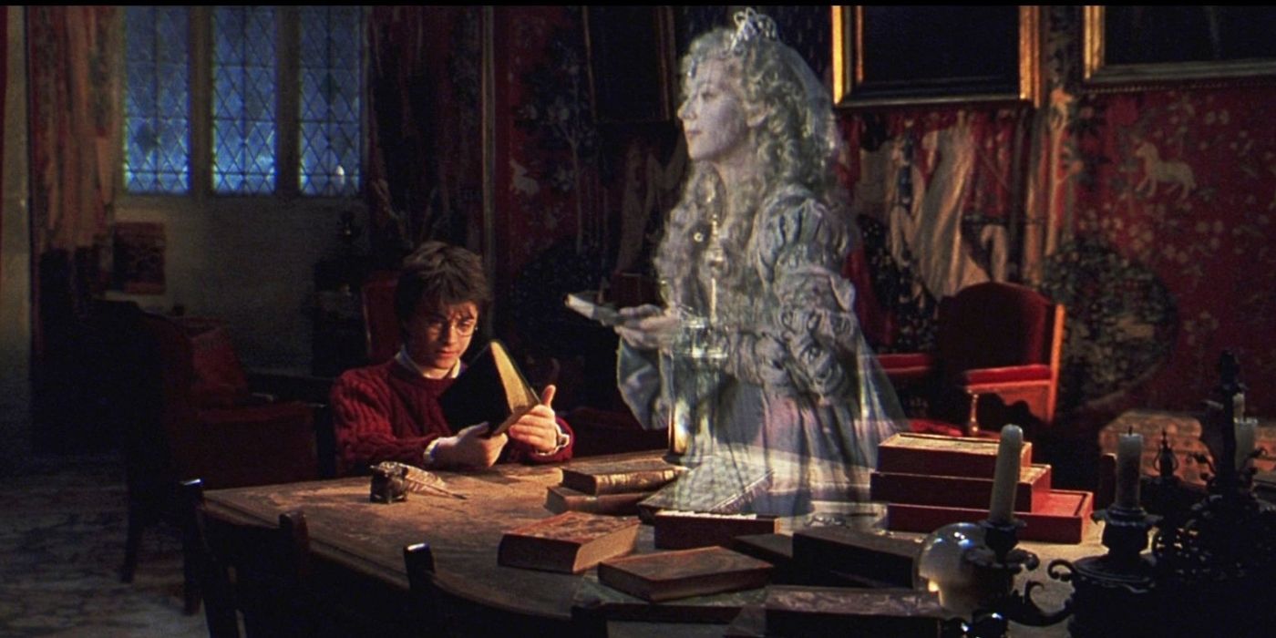 Harry Potter sitting at a table and the Grey Lady in Harry Potter