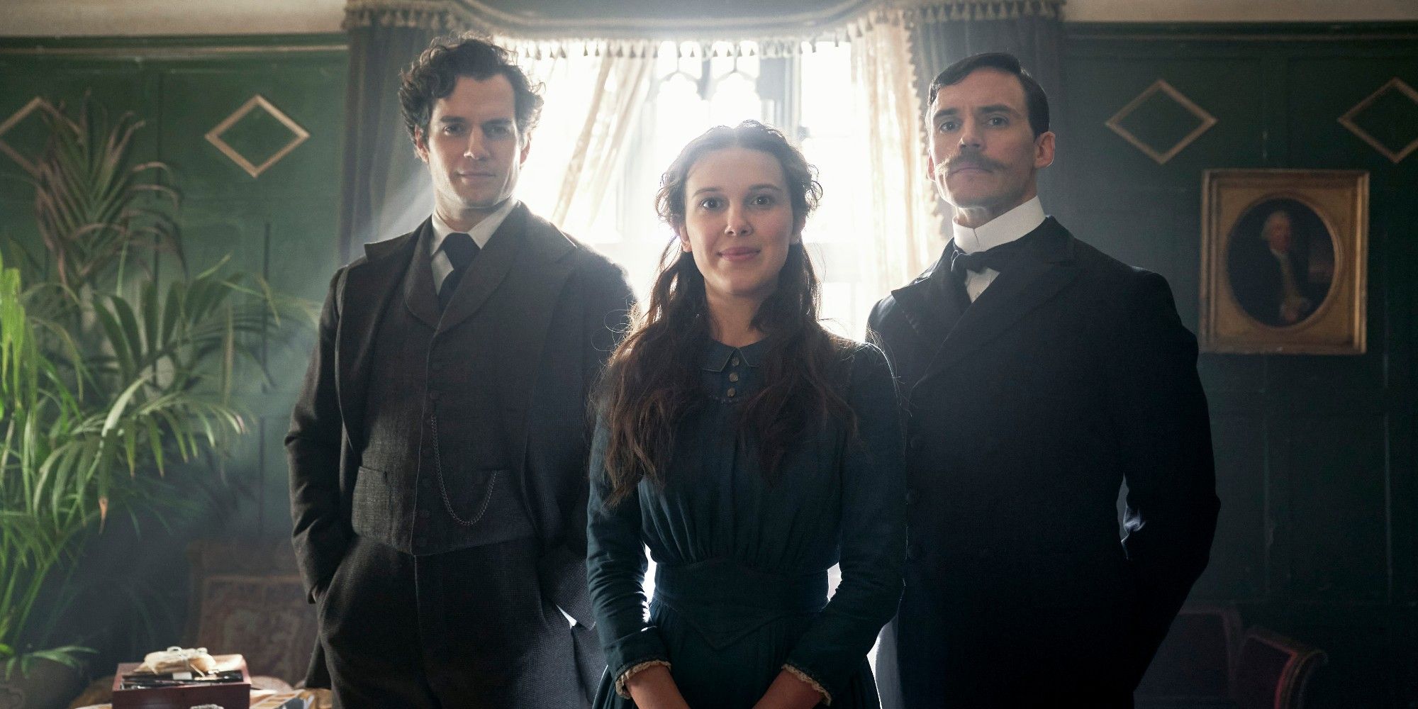 Henry Cavill, Millie Bobby Brown and Sam Claflin in Enola Holmes