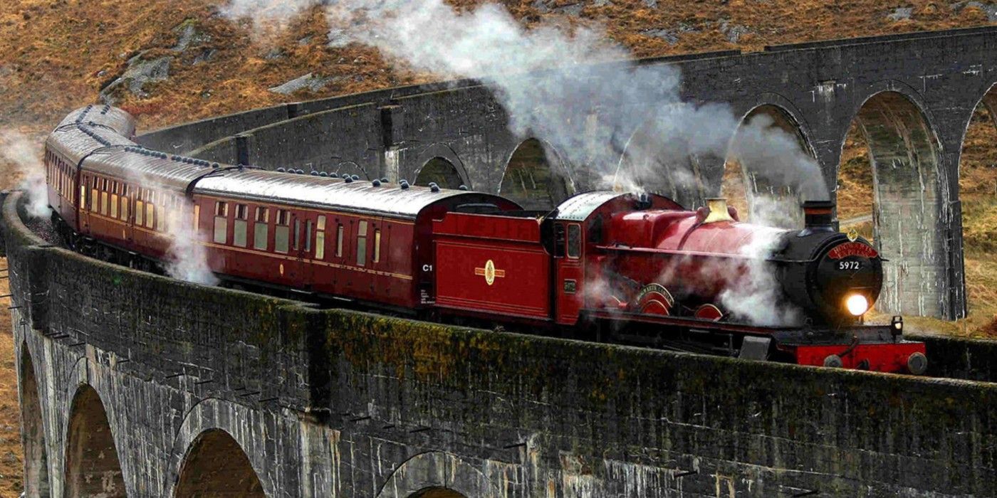The Hogwarts Express crossing a bridge in Harry Potter