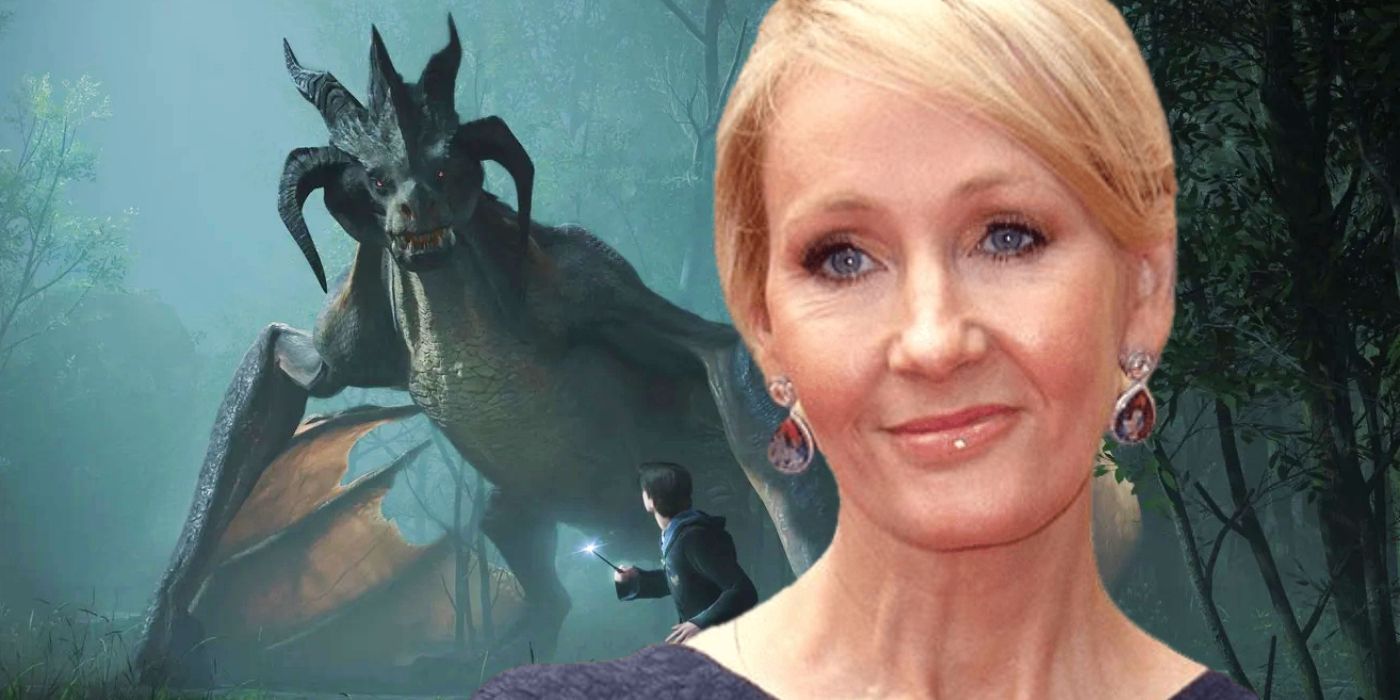 JK Rowling smirking in front of a picture of a dragon in Hogwarts legacy