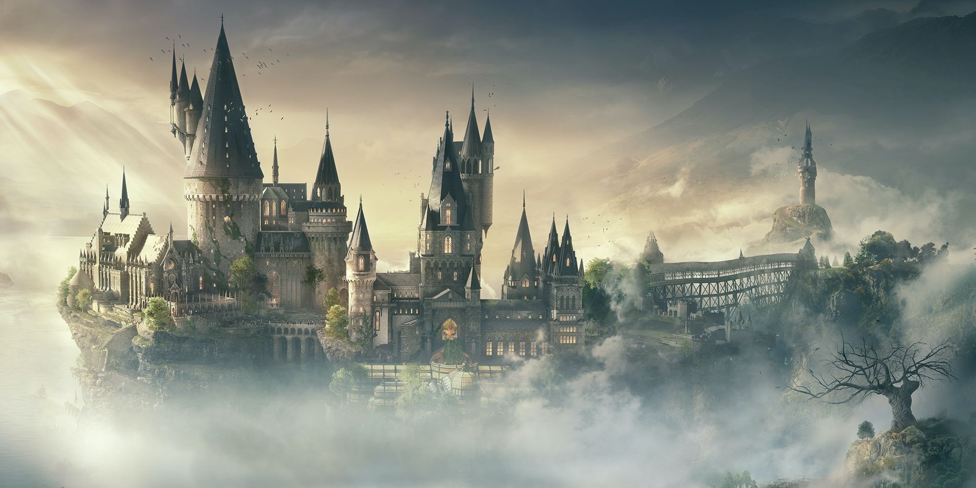 A shot of Hogwarts shrouded by fog in Hogwarts Legacy.