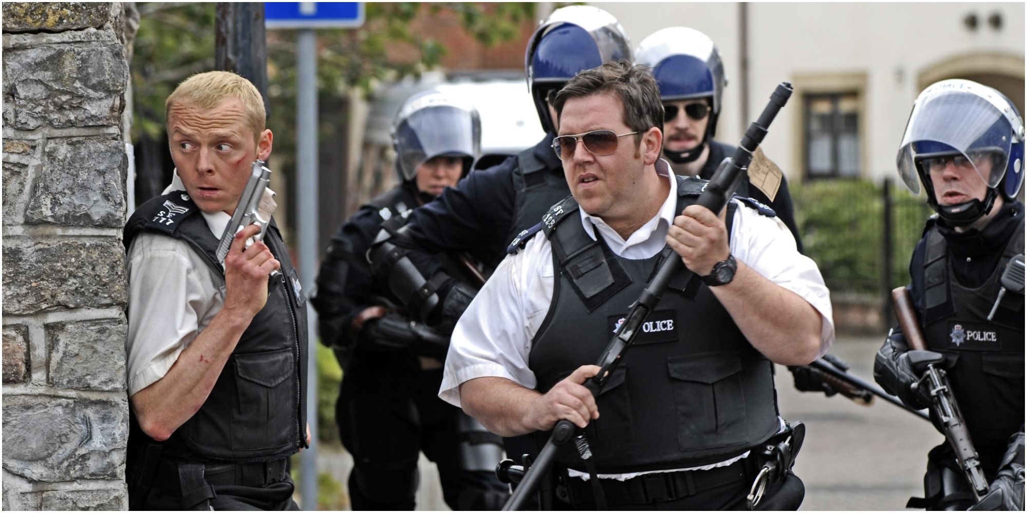 A screenshot of the main cast, including Simon Pegg and Nick Frost, in Hot Fuzz