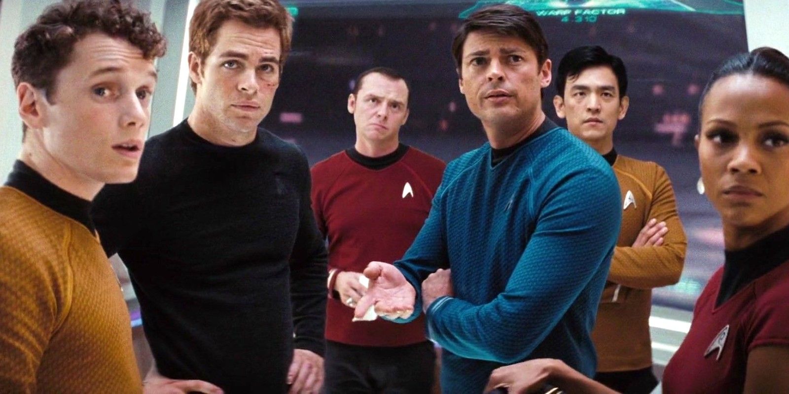 The Enterprise crew stand around the bridge looking shook in Star Trek.