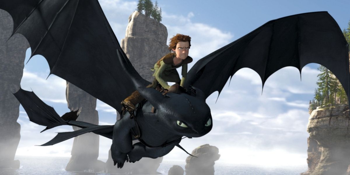 Hiccup riding Toothless in How To Train Your Dragon
