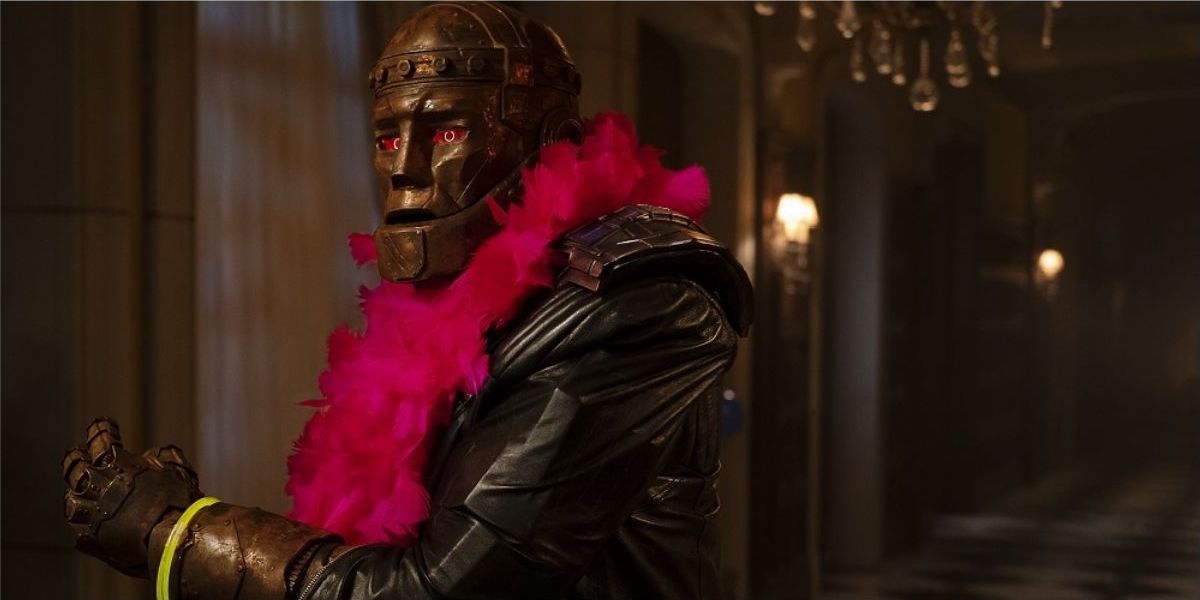 Robotman wears a pink boa in Doom Patrol.