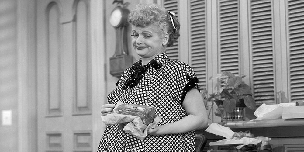 A pregnant Lucille Ball on the set of I Love Lucy.