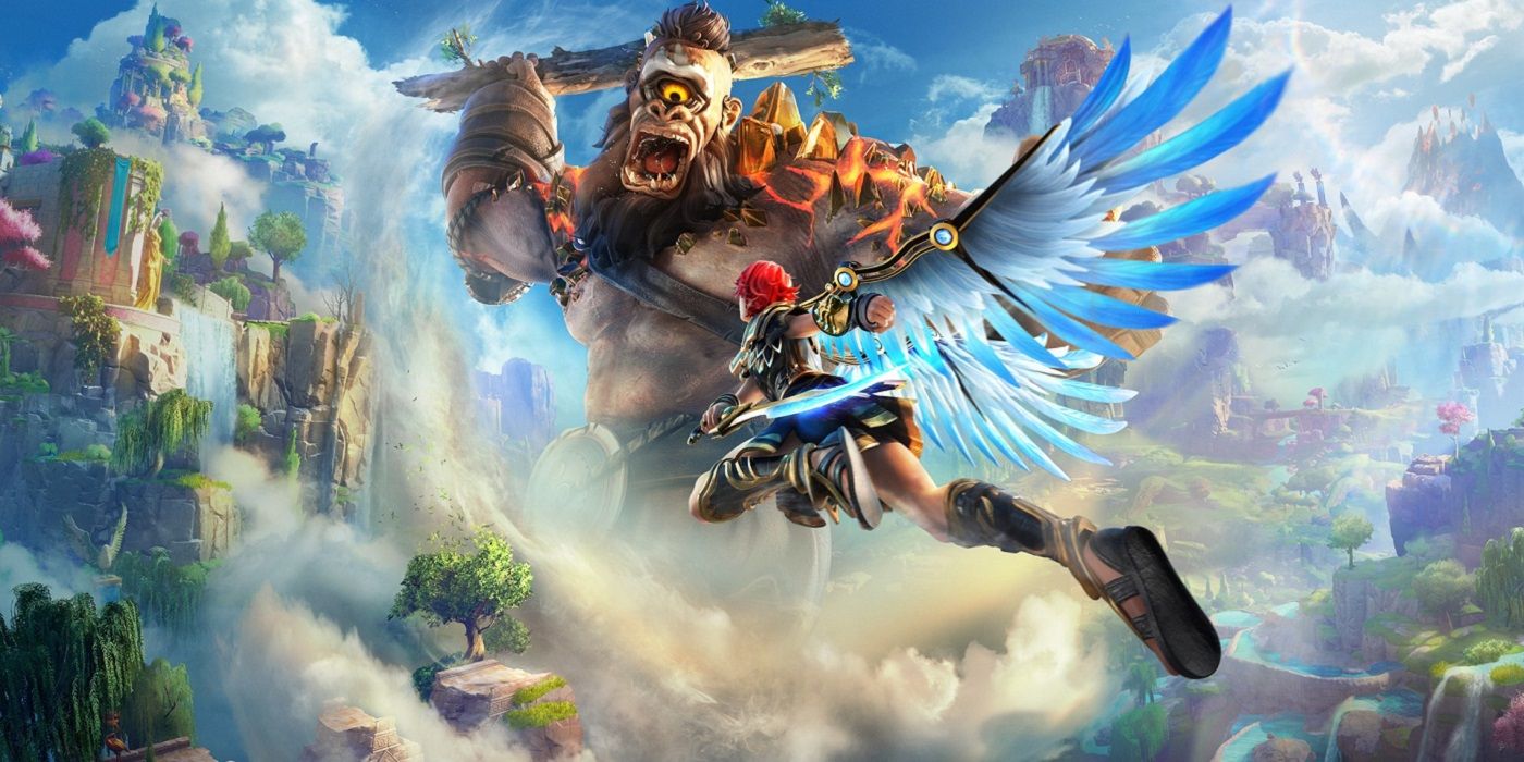 Immortals Fenyx Rising Key Art featuring a player about to attack a one eyed giant