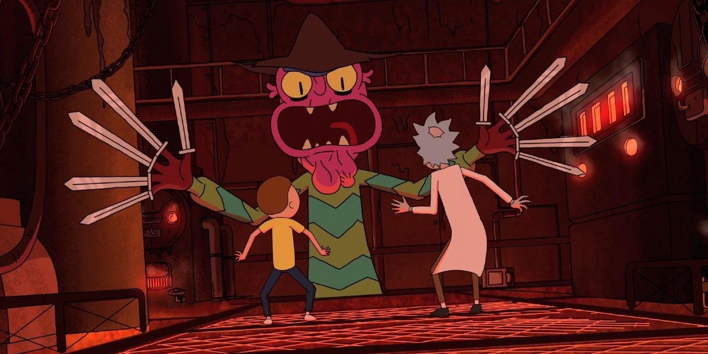 Rick and Morty run from a monster who looks like Freddy Kruger