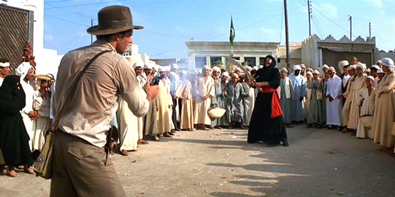 Indy shoots the swordsman in Raiders of the Lost Ark