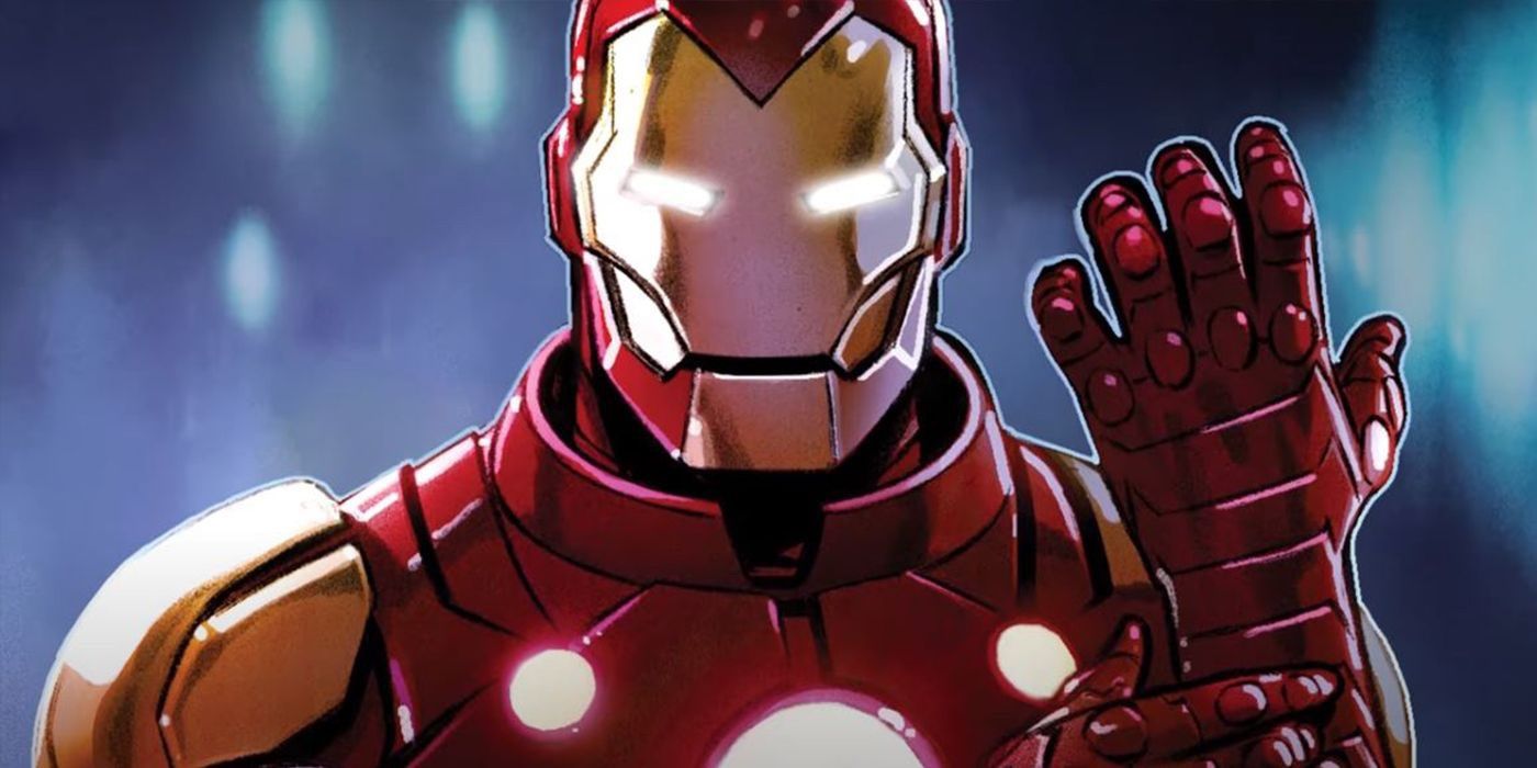 Iron Man rasiing his left hand in the Comics