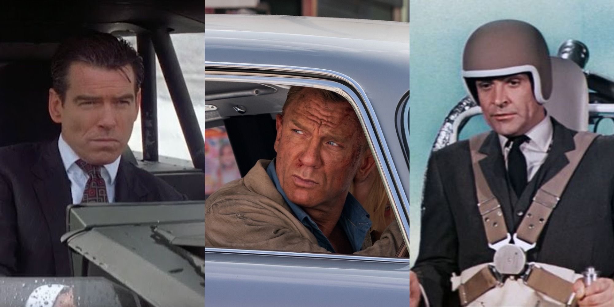 Split image of James Bond in The World is Not Enough, No Time to Die and Thunderball
