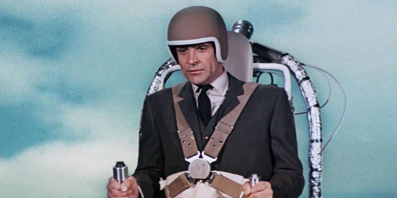 James Bond wearing the jetpack in the opening scene of Thunderball