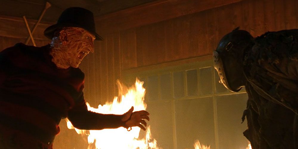 Freddy Krueger laughing as Jason Voorhees in a burning building in Freddy Vs. Jason