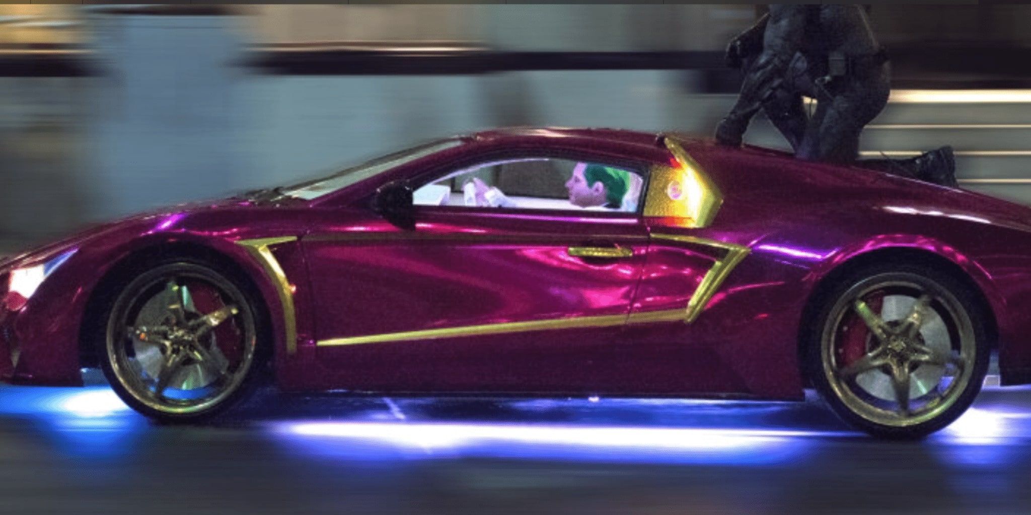Batman on top of the Jokermobile in Suicide Squad