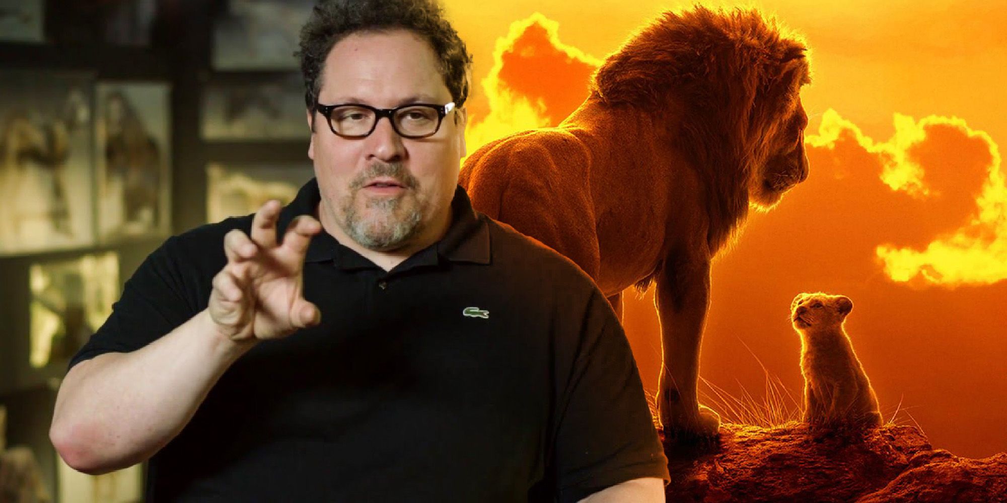 A blended image features Jon Favreau against Mufasa and Simba in the live-action The Lion King