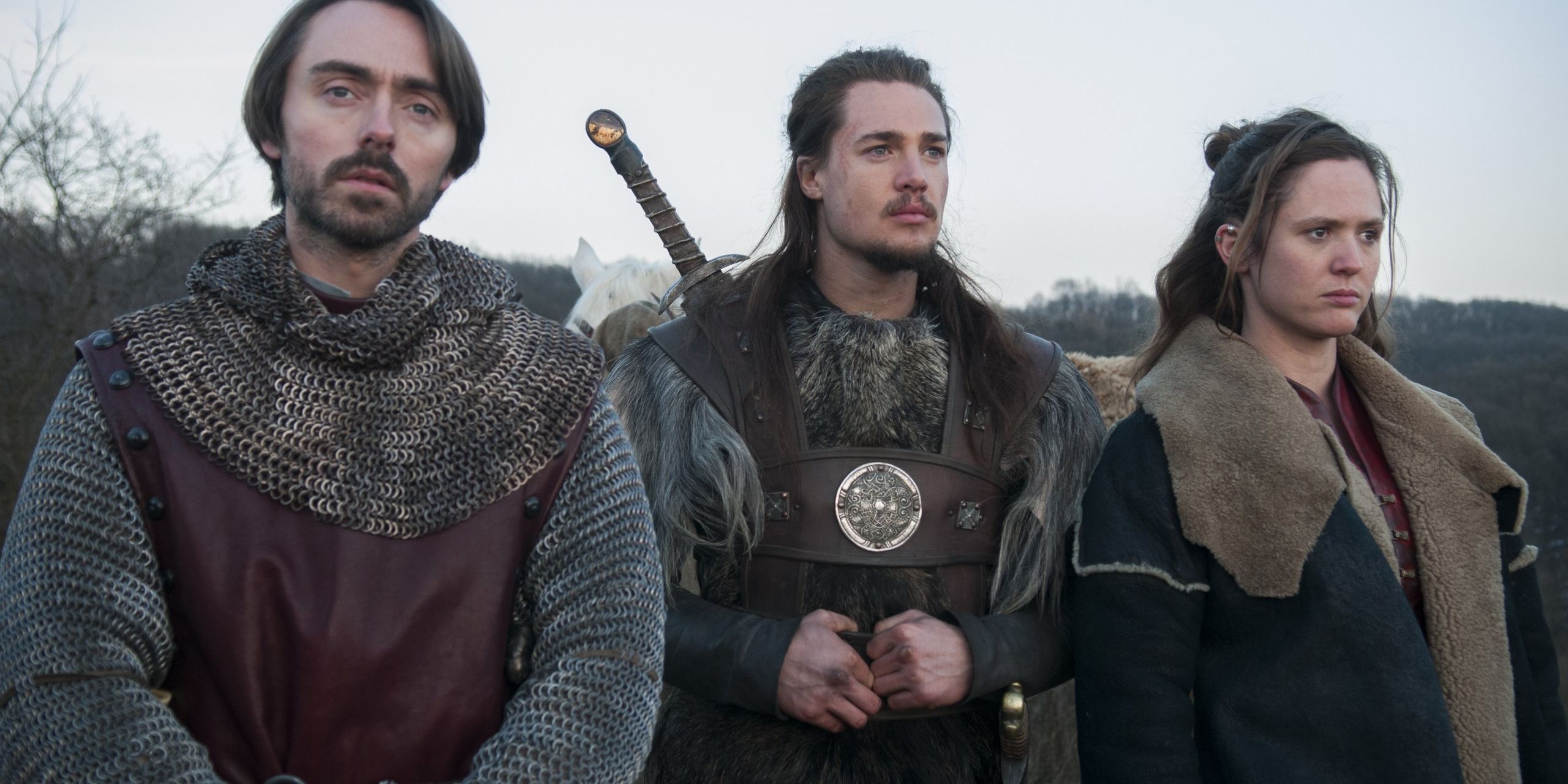 David Dawson, Alexander Dreymon and Emiliy Cox In The Last Kingdom