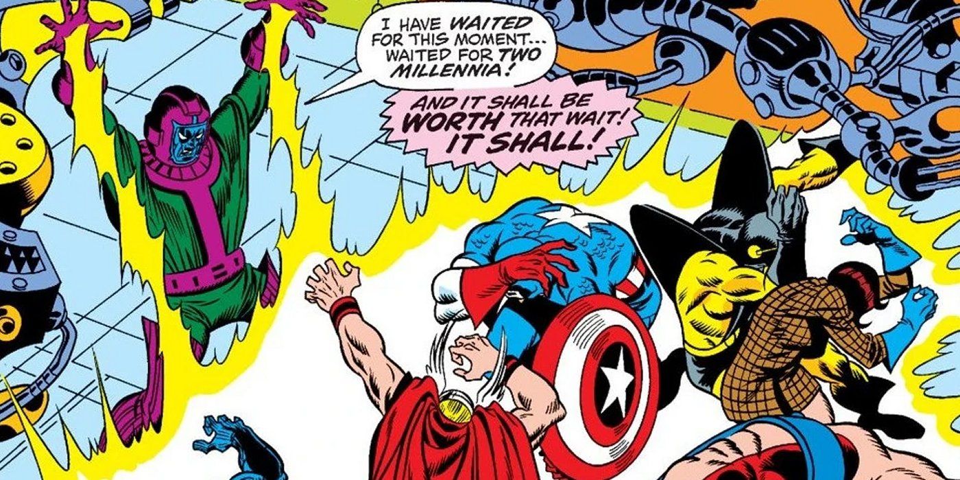 Kang The Conqueror attacks the Avengers in Marvel Comics.