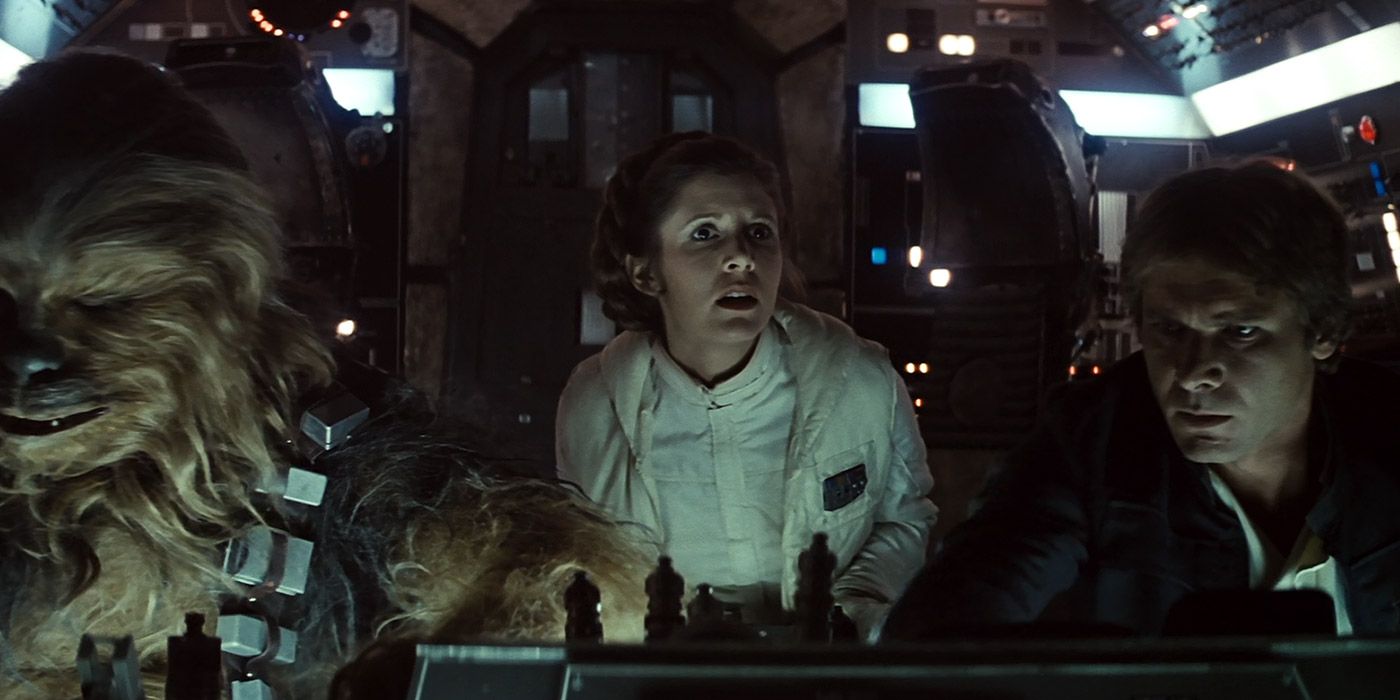 Chewie, Leia, and Han in the Falcon in Star Wars