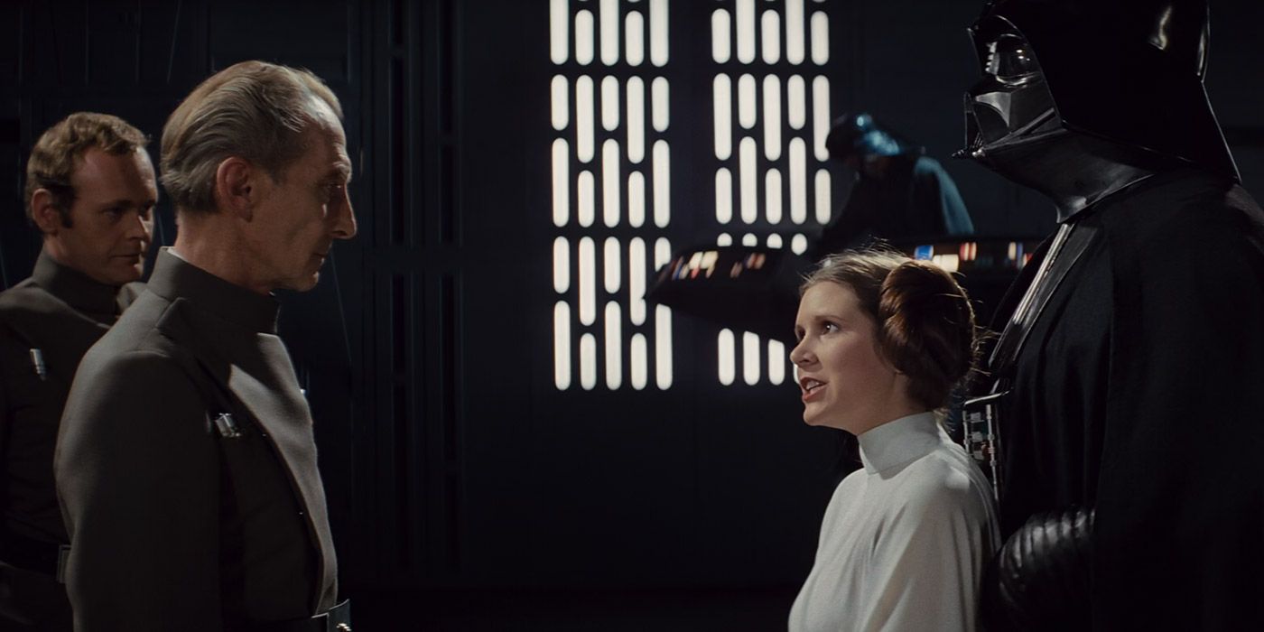 Darth Vader brings Princess Leia to Governor Tarkin in Star Wars: A New Hope