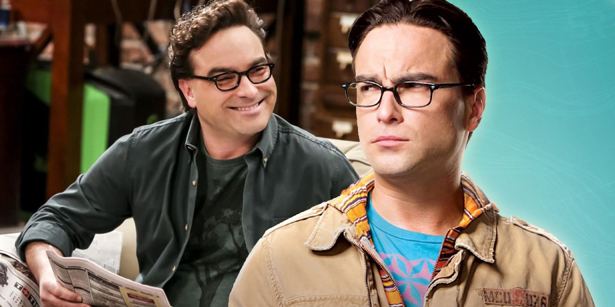 A split image of Leonard smiling and looking out in the distance from TBBT