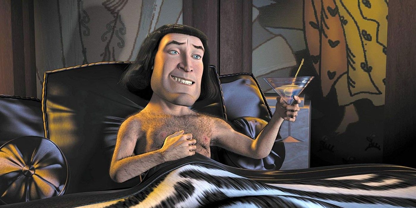 Lord Farquaad in bed drinking a martini