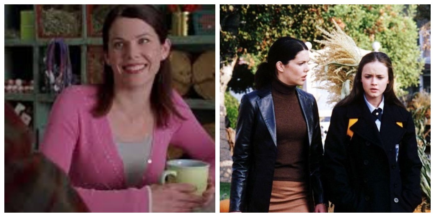 lorelai gilmore season one sitting in luke's diner drinking coffee and walking outside with rory