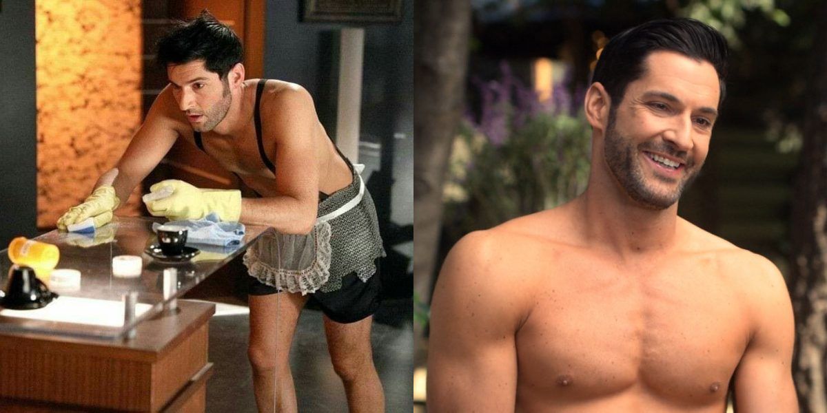 Split image of Lucifer in season three and four of Lucifer in his maid outfit and shirtless