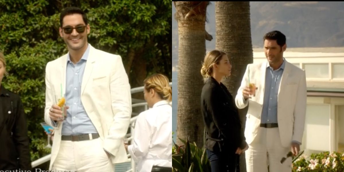 Split image of Lucifer in the second season of Lucifer in a linen suit