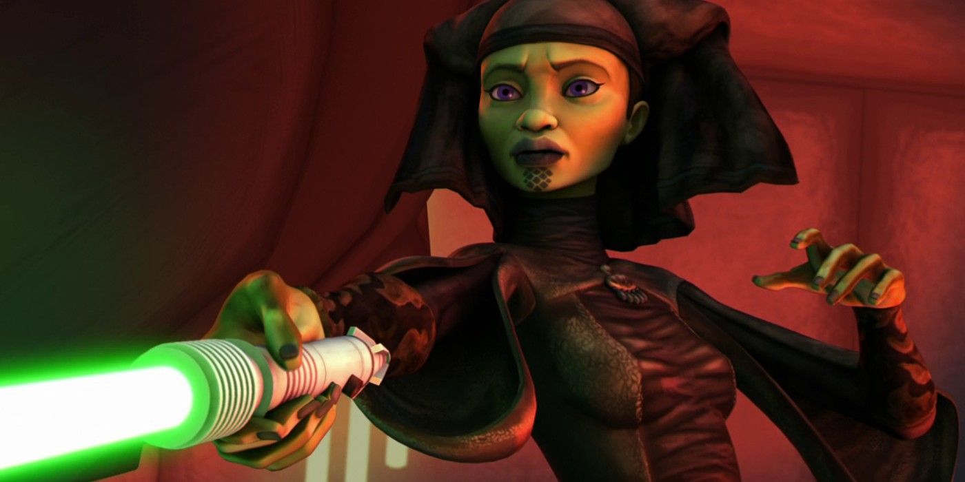 Luminara Unduli holds her blade in Star Wars