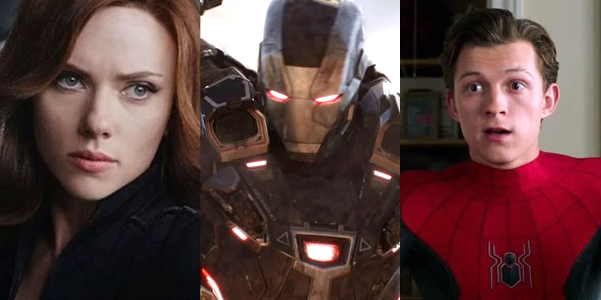 A split image features Black Widow, War Machine, and Spider-Man in the MCU