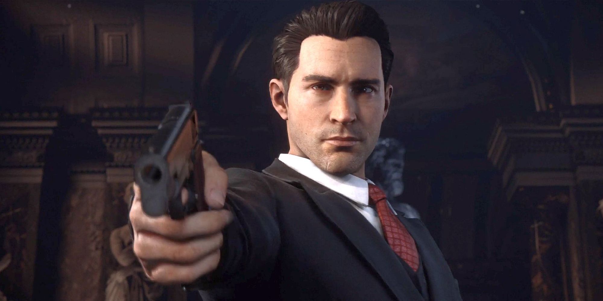 Tommy Angelo in a suit aiming his gun in Mafia: Definitive Edition.