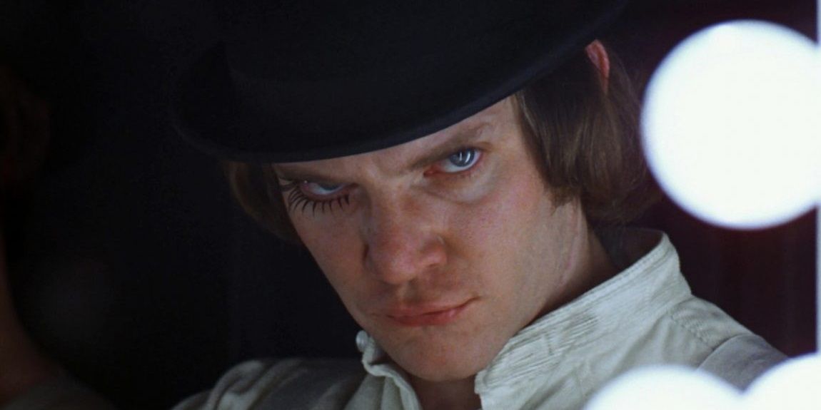 Malcolm McDowell staring at the camera in A Clockwork Orange