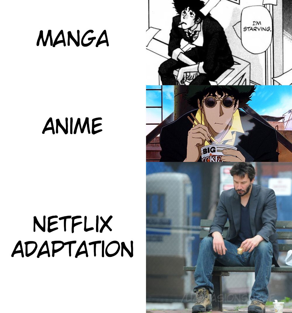A Cowboy Bebop meme voicing fans' desire for Keanu Reeves to play Spike Spiegel in the Netflix show