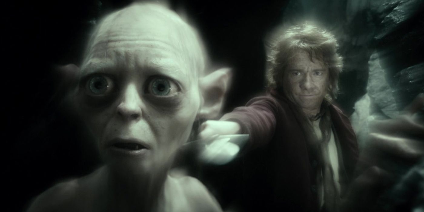 Martin Freeman as Bilbo Baggins and Andy Serkis as Gollum in The Hobbit An Unexpected Journey