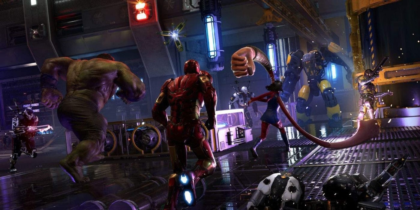 marvel's avengers crew fighting at night