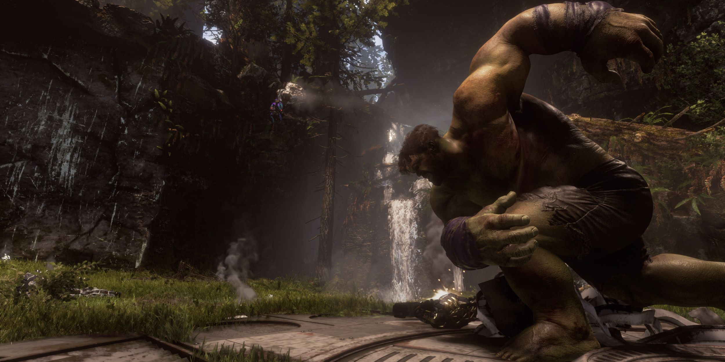 Hulk throws a massive boulder at a robot enemy