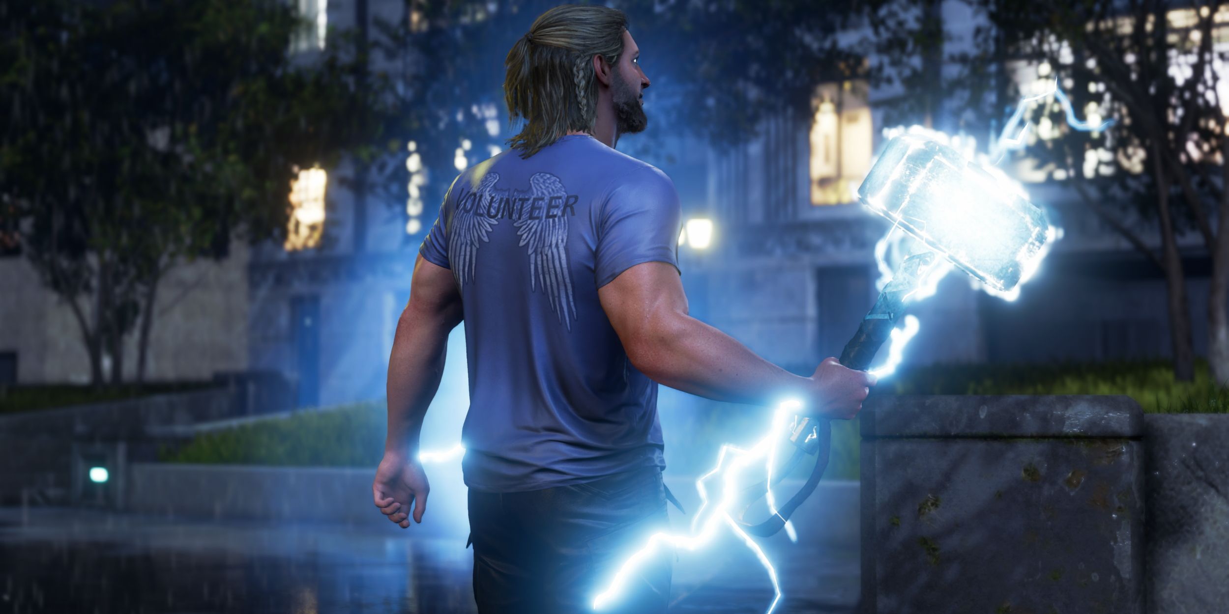 Thor holding hammer that spews lightning