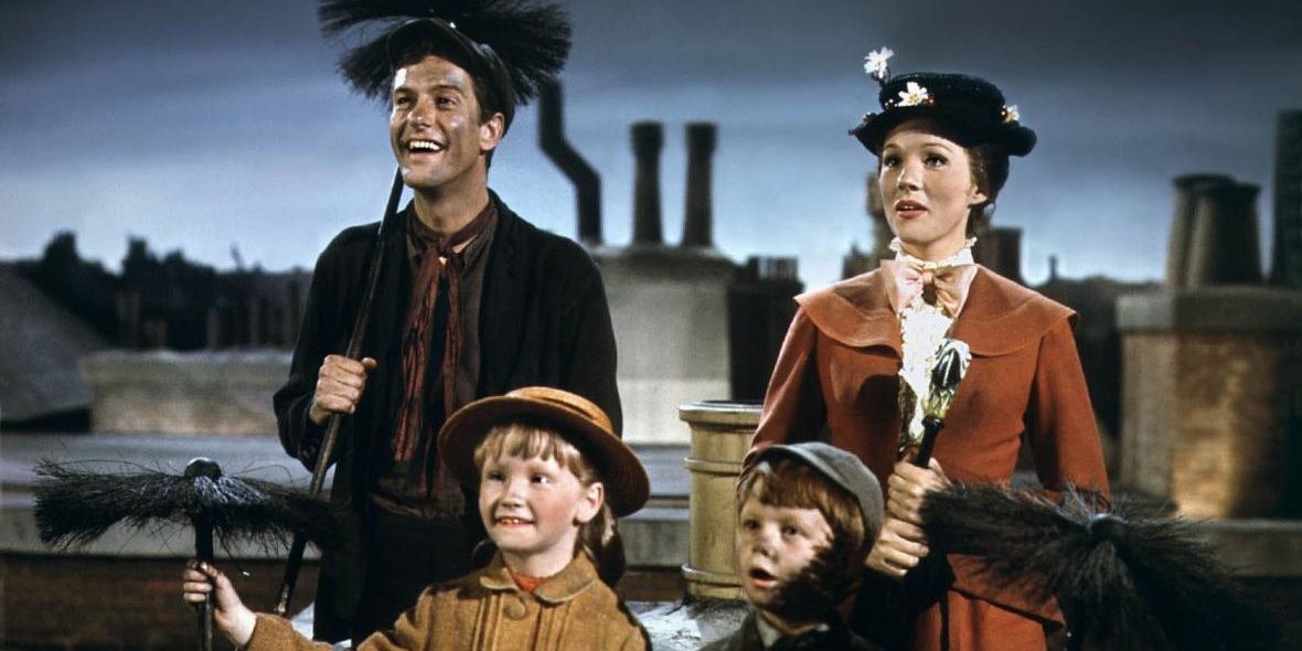 Mary Poppins (Julie Andrews) and Bert (Dick Van Dyke) with Banks kids in 