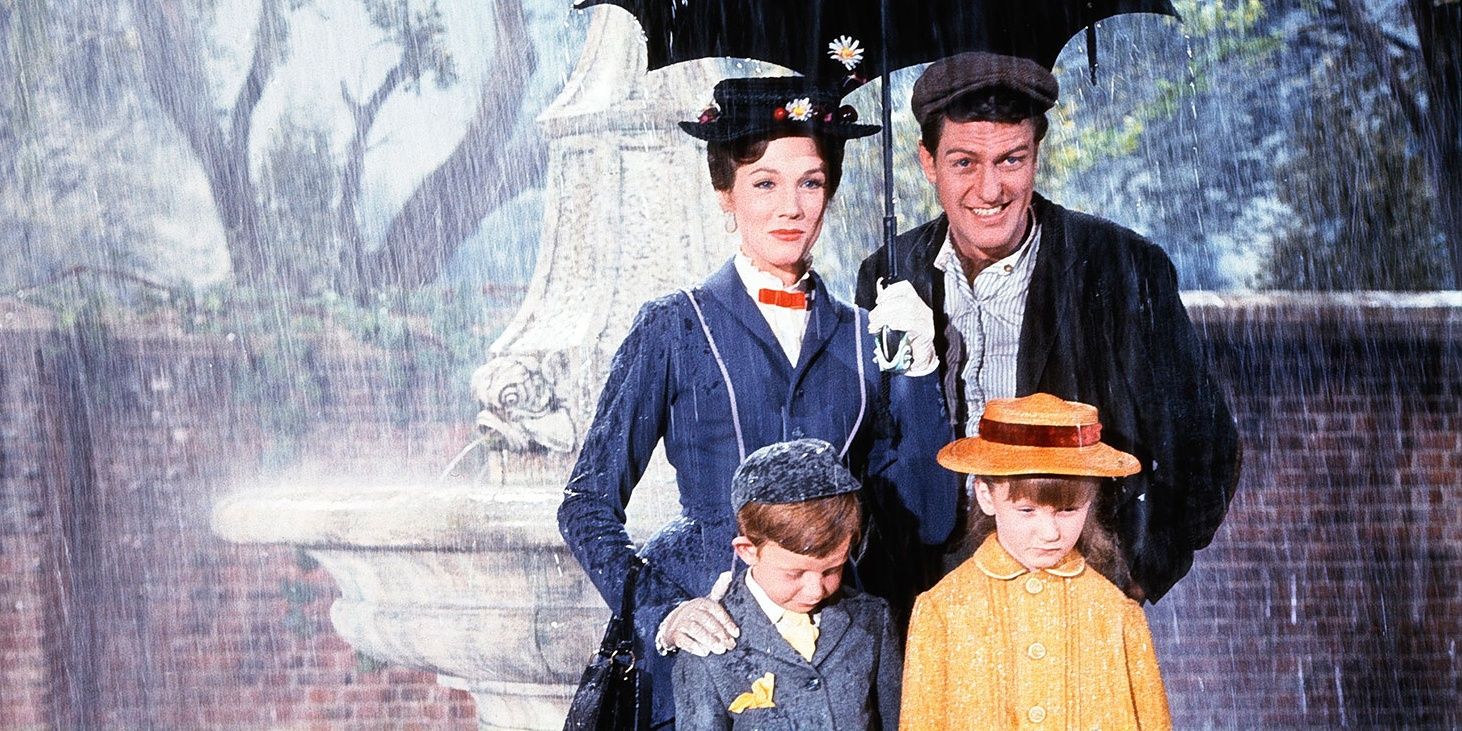 Mary Poppins and Bert with the Banks children in the rain