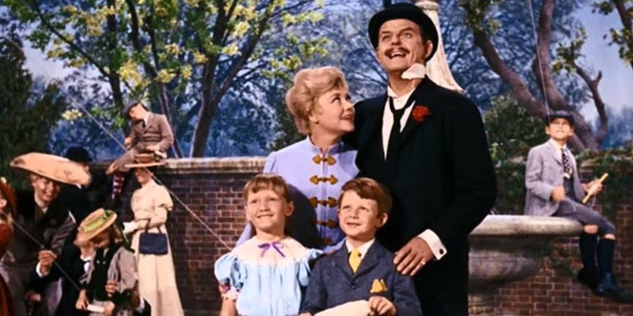 The Banks family flying their kite in the Disney film 