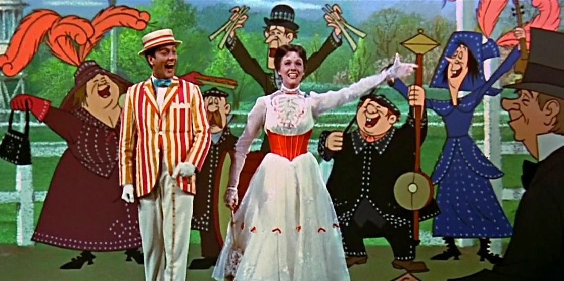 Mary Poppins (Julie Andrews) and Bert (Dick Van Dyke) singing in the Disney film &quot;Mary Poppins.&quot;