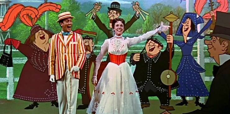 Mary Poppins (Julie Andrews) en Bert (Dick Van Dyke) zingen in de Disneyfilm "Mary Poppins."